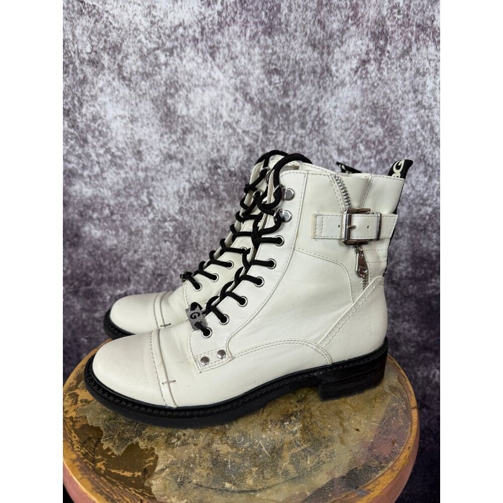 G by Guess White Boots Grace Combat Moto Ankle Buckled Side Zip Lace Up‎ 7M
